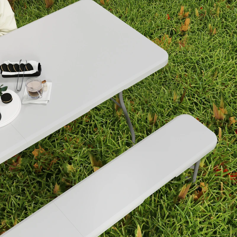 Outsunny 6FT 3-Piece Portable Outdoor Camping Table Bench Set with Carrying Handles, Folding Picnic Table with 2 Benches, White