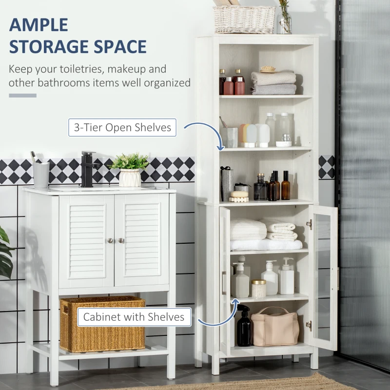 kleankin Tall Bathroom Storage Cabinet with 3 Tier Shelf, Glass Door Cabinet, Freestanding Linen Tower with Adjustable Shelves, Antique White