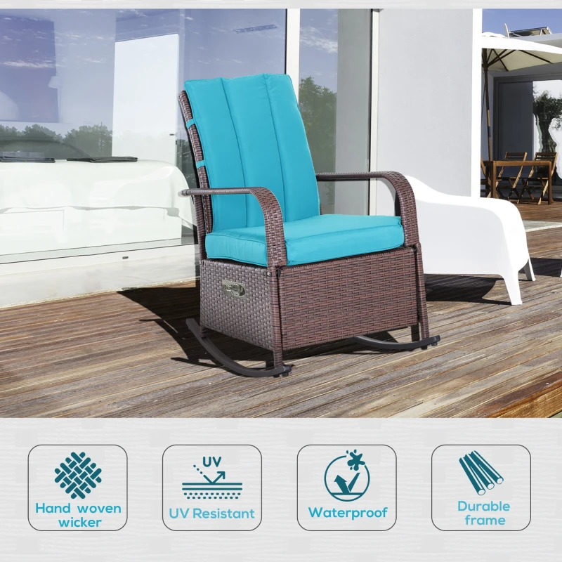 Outsunny Outdoor Wicker Rocking Chair Patio PE Rattan Recliner Chair with Cushion, Adjustable Footrest, Armrests, Turquoise