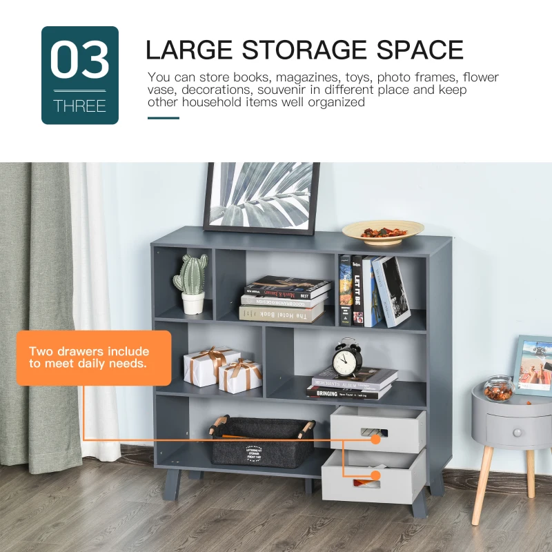 HOMCOM 3-Tier Child Bookcase Open Shelves Cabinet Floor Standing Cube Storage Organizer with Drawers - Gray