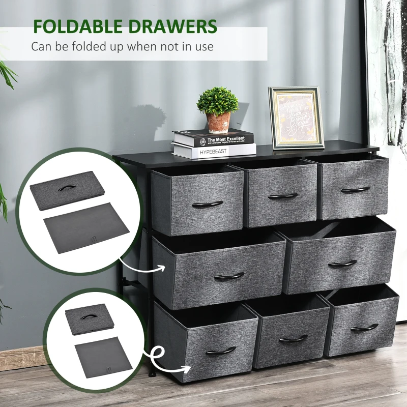HOMCOM 8-Drawer Dresser, 3-Tier Fabric Chest of Drawers, Storage Tower Organizer Unit with Steel Frame for Bedroom, Hallway, Dark Gray