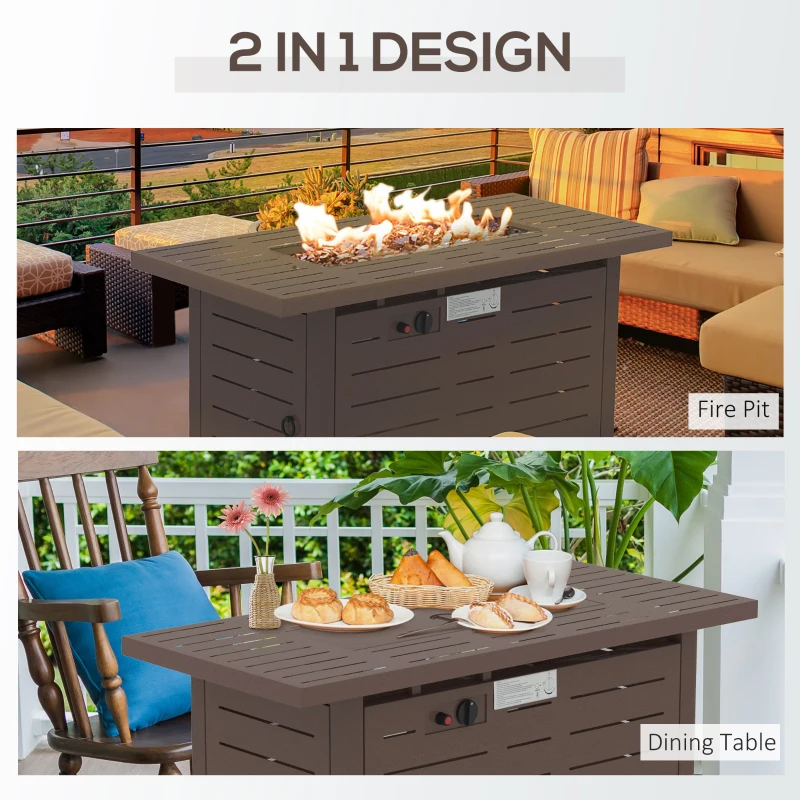 Outsunny 42 Inch Outdoor Propane Gas Fire Pit Table, 50,000 BTU Auto-Ignition Rectangular Gas Firepit with Slat Tabletop, Lid, Lava Rocks, Rain Cover, CSA Certification, Brown