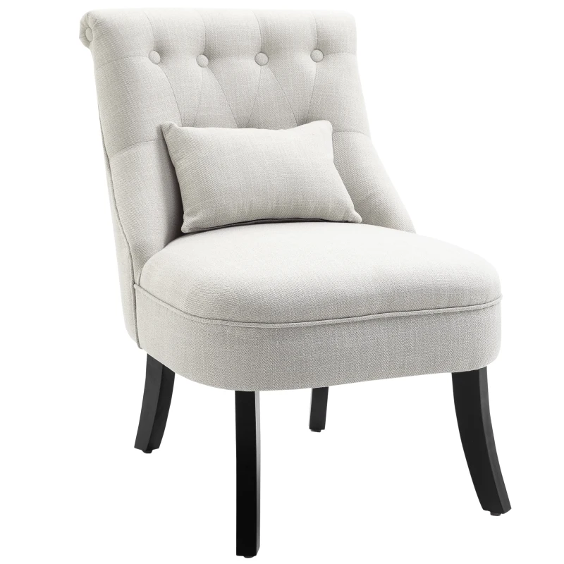 HOMCOM Small Button-Tufted Accent Chair Mid-Back Leisure Armchair with Upholstered Fabric, Solid Wood Legs, and Support Pillow, Beige