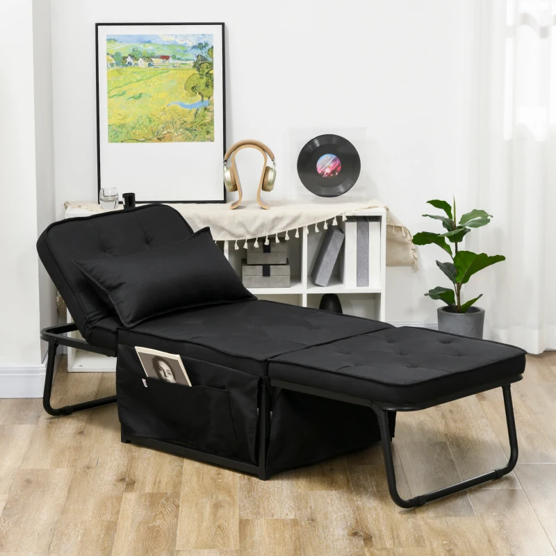 HOMCOM Ottoman Sofa Bed, 4 in 1 Multi-Function Button Tufted Folding Sleeper Chair Bed with Adjustable Backrest, Pillow, Side Pocket for Home Office, Bedroom, Living Room, Black