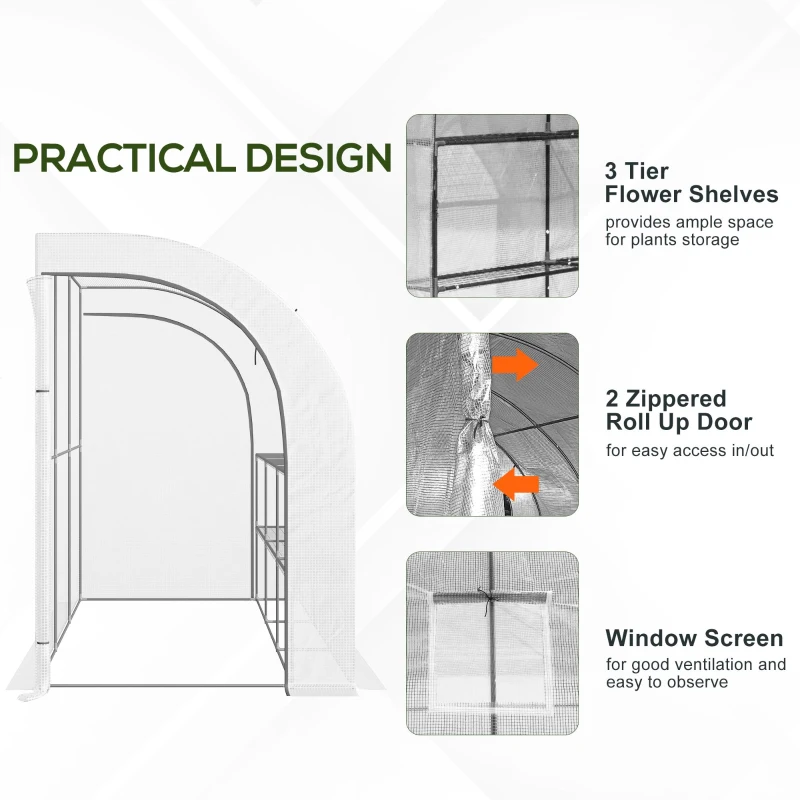 Outsunny Walk-in Wall Lean-to Greenhouse, 10' x 5' x 7' Outdoor Gardening Green House with PE Cover, Windows, Shelves and 2 Zipper Doors, White