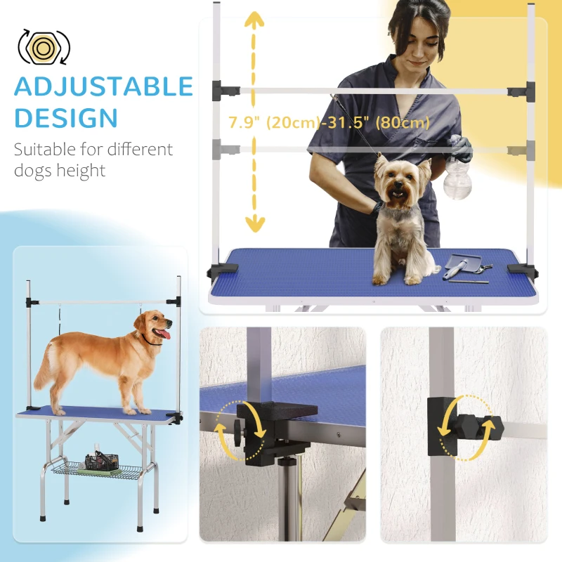 PawHut Adjustable Dog Grooming Table with 2 Safety Slings, Storage Basket, Blue