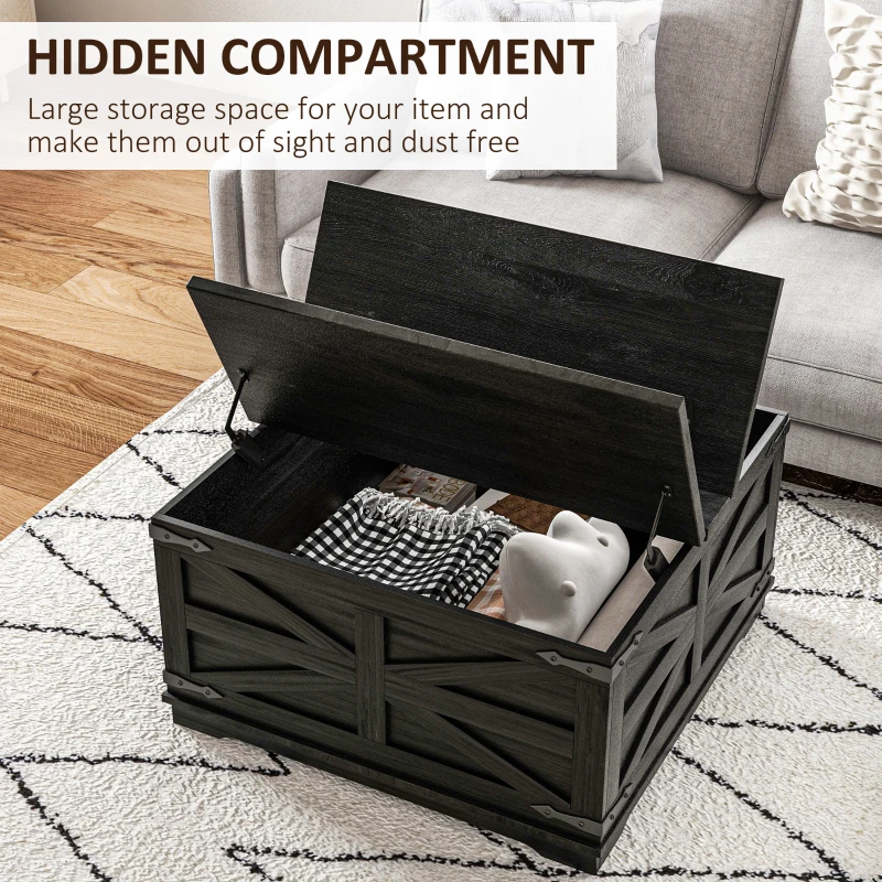 HOMCOM Farmhouse Coffee Table, Square Center Table with Flip-top Lids, Hidden Storage Compartment, Distressed Black
