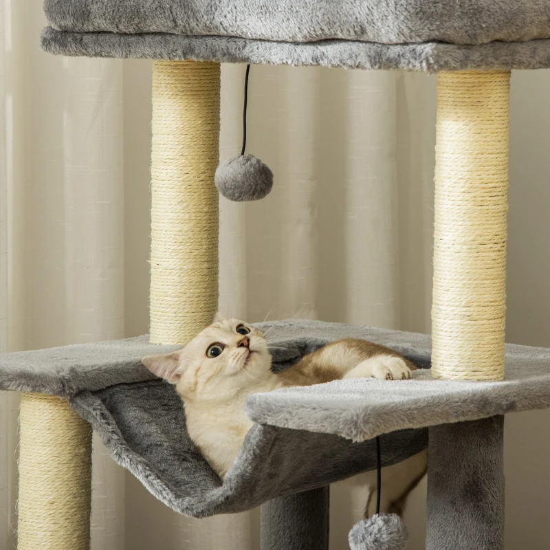 PawHut 39.25'' Cat Tree Tower Multi-Level Kitten House with Scratching Post Condo Hammock Bed Ball Toy - Grey