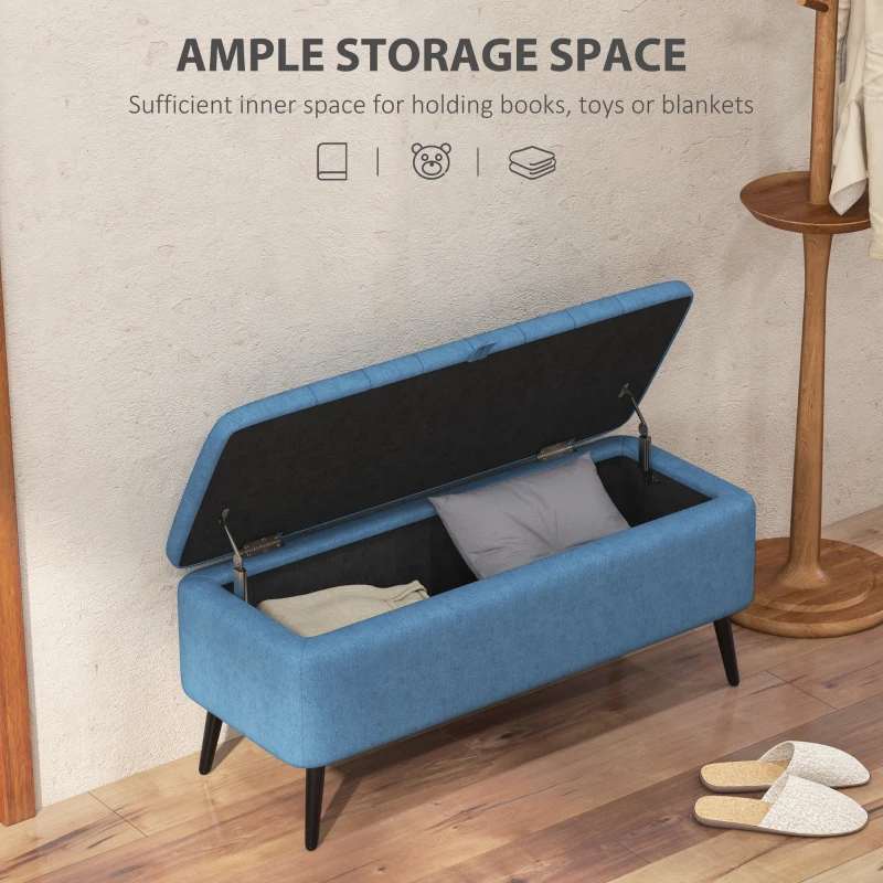 HOMCOM 40" Ottoman with Storage, Linen Upholstered Storage Ottoman Bench with Steel Legs for Living Room, Bedroom Dark Blue