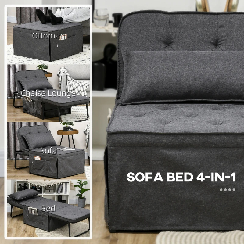 HOMCOM Ottoman Sofa Bed, 4 in 1 Multi-Function Button Tufted Folding Sleeper Chair Bed with Adjustable Backrest, Pillow, Side Pocket for Home Office, Bedroom, Living Room, Charcoal Gray
