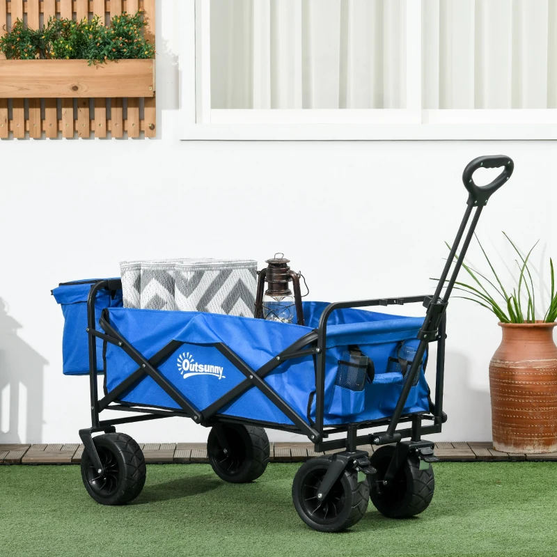 Outsunny Steel Frame Folding Garden Cart, Collapsible Wagon Cart with Cooler Bag, Telescopic Handle and Carrying Bag