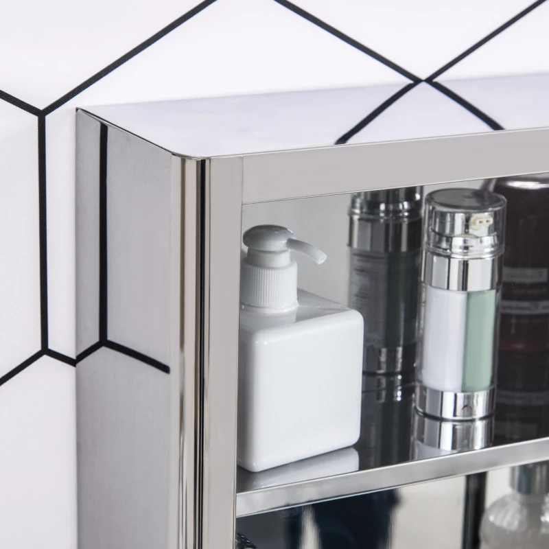 kleankin 24'' x 15'' Wall Mounted Bathroom Medicine Cabinet Sliding Door with Storage Shelves, Stainless Steel, Silver