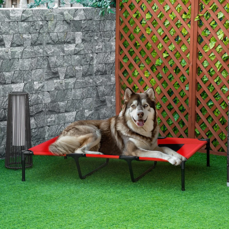 PawHut XL Elevated Dog Bed, Outdoor Raised Dog Bed, Portable Pet Cot w/Carry Bag Metal Frame Breathable Mesh Indoor and Outdoor Red
