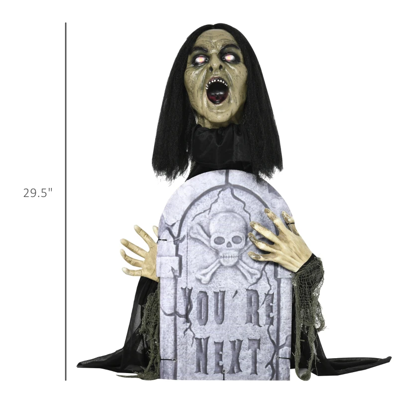 Outsunny 30" Life Size Outdoor Halloween Decorations Female Ghost with Tombstone, Animated Prop Animatronic Decor with Sound and Motion Activated Light Up Eyes, Spooky Sound