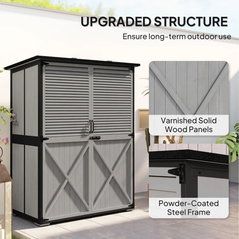 Outsunny Wood Storage Shed, Outdoor Garden Shed with Asphalt Roof, 2 Shelves, Lockable Doors and Adjustable Feet, Gray