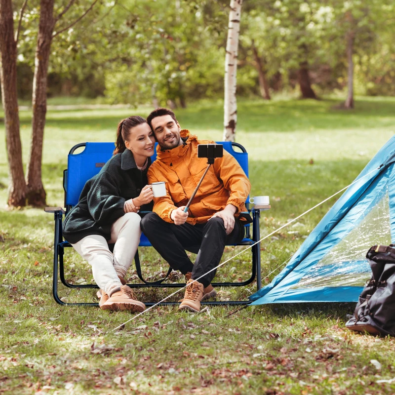 Outsunny Double Folding Camping Chair, Loveseat for 2 Adults, Portable Camping Couch with Wood Armrest & Cupholders, for Backpacking, Beach, Sports Travel, Blue