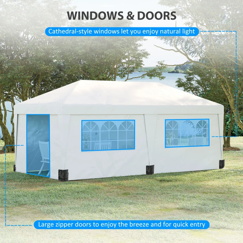 Outsunny 10' x 19.5' Pop Up Canopy Tent Height Adjustable Event Shelter w/ Sidewalls, Leg Weight Bags, Wheeled Carry Bag, White