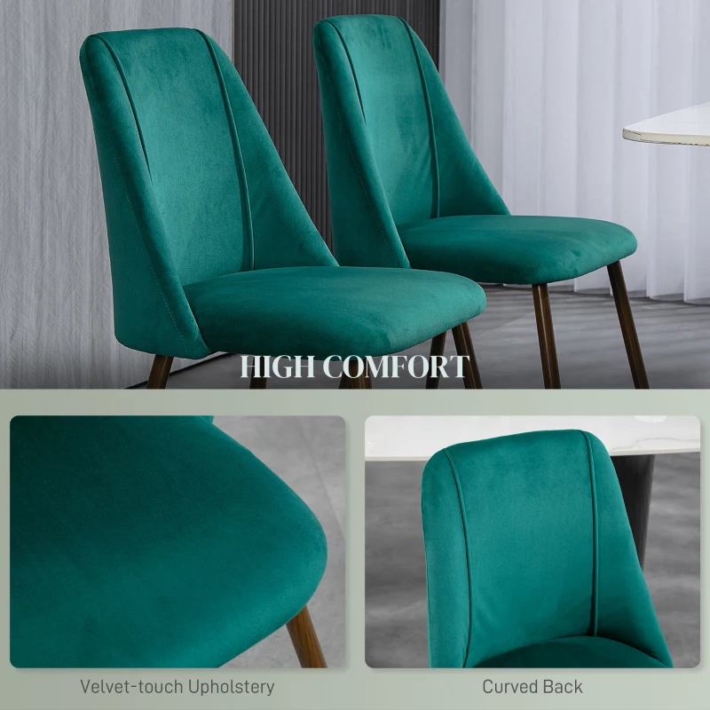 HOMCOM Upholstered Dining Chairs Set of 4, Velvet Accent Chair with Back and Wood-grain Steel Leg for Kitchen, Green