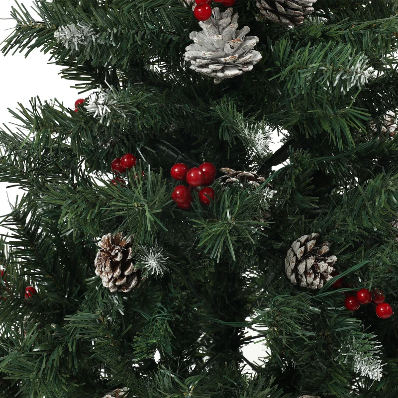 HOMCOM 4FT Pre-Lit Decorated Christmas Tree with Red Berries and Pine Cones Snow Flocked Christmas Tree with LED Lights Green