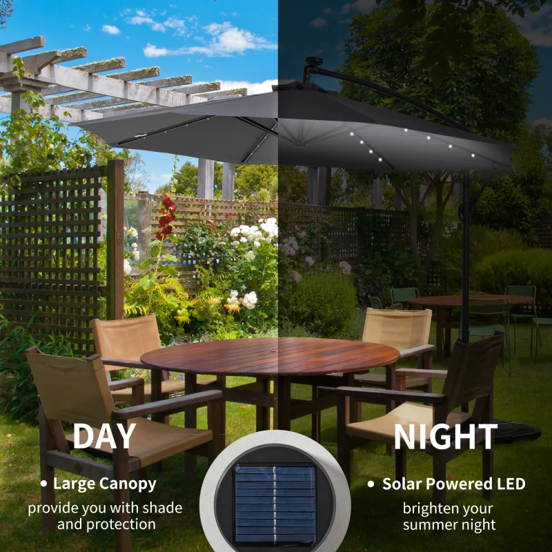 Outsunny 10ft Outdoor Cantilever Umbrella with Solar Lights, Banana Umbrella with Adjustable Angle for Patio, Backyard, Dark Gray
