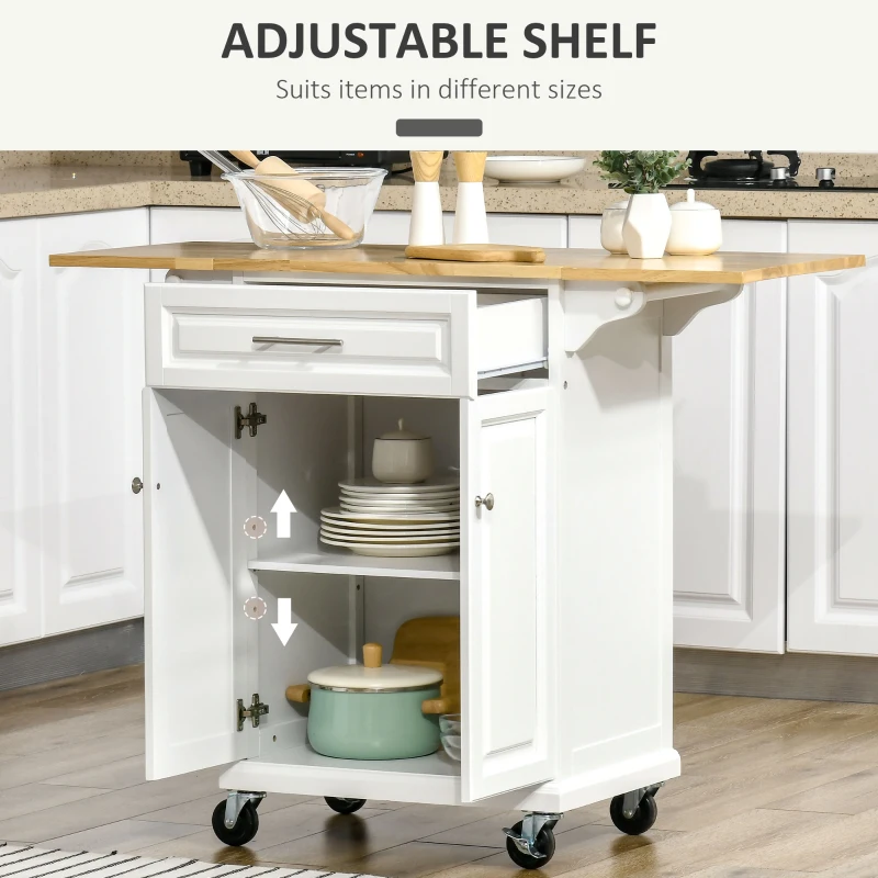 HOMCOM Kitchen Island with Drop Leaf Trolley Cart on Wheels Drawer Cabinet Towel Racks Versatile Use Natural Wood Top and White