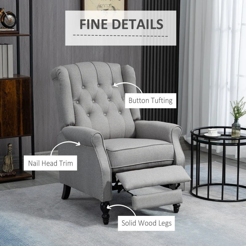 HOMCOM Wingback Reclining Chair with Footrest, Button Tufted Recliner Chair with Rolled Armrests for Living Room, Light Grey