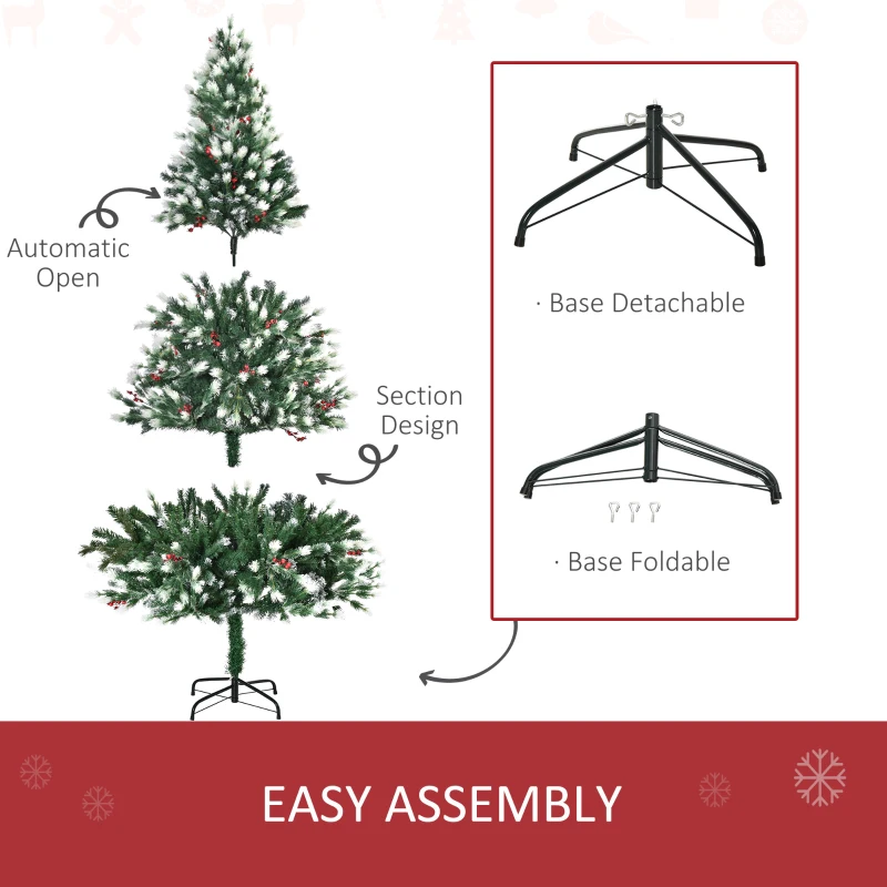 HOMCOM 6' Tall Unlit Snow-Flocked Fir Artificial Christmas Tree with Realistic Branches, Red Berries and 836 Tips, Green / White