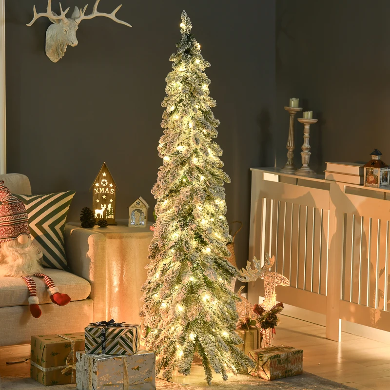 HOMCOM 5' Artificial Slim Christmas Trees, with Snow Frosted Branches, Warm White or Colorful LED Lights, Downswept Shape