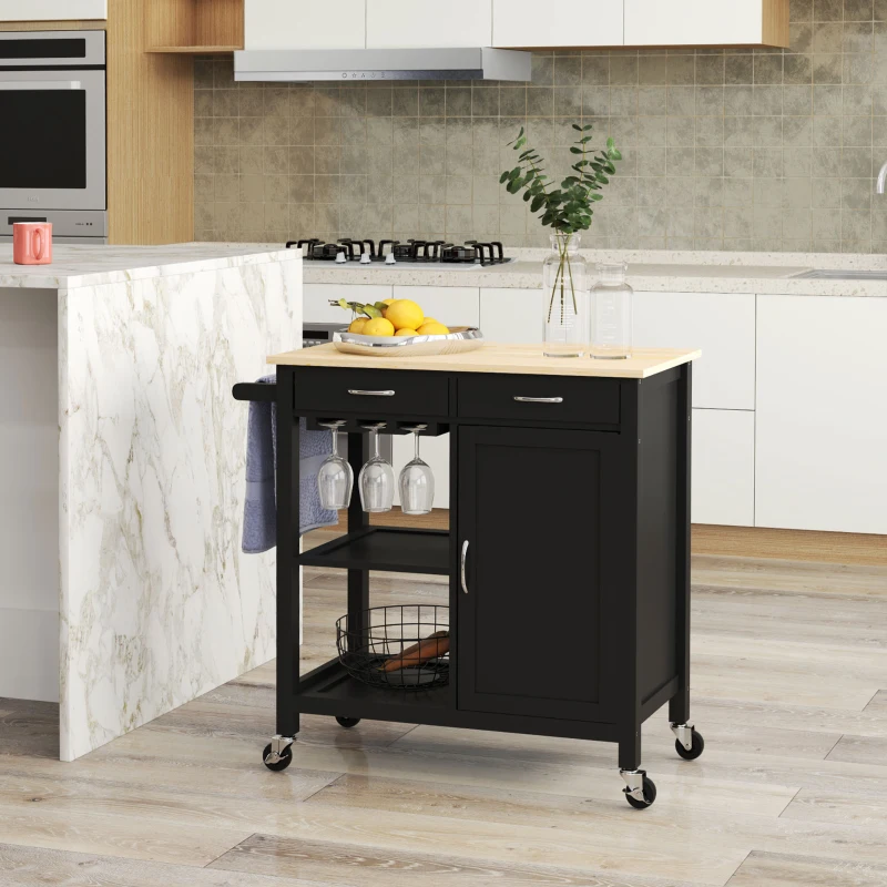 HOMCOM Kitchen Storage Trolley Cart Serving Cart 2 Drawers Wine Glass Rack Towel Rail