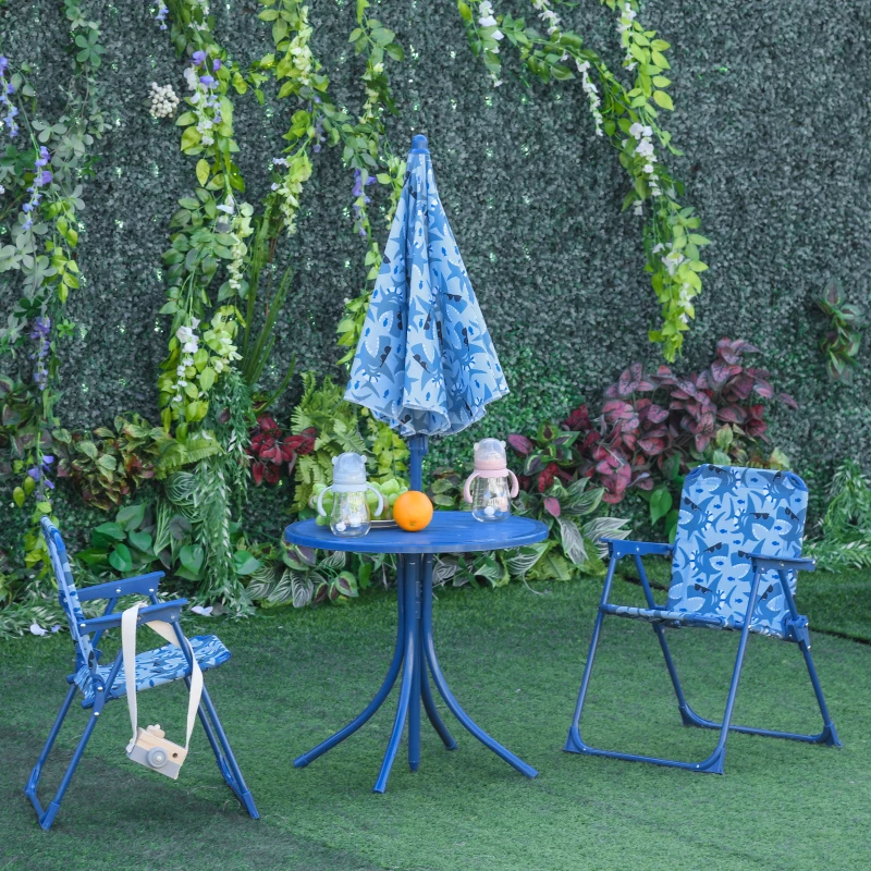 Outsunny Kids Folding Table and Chairs Set for Outdoor Garden Patio Backyard with Removable & Height Adjustable Sun Umbrella, Blue