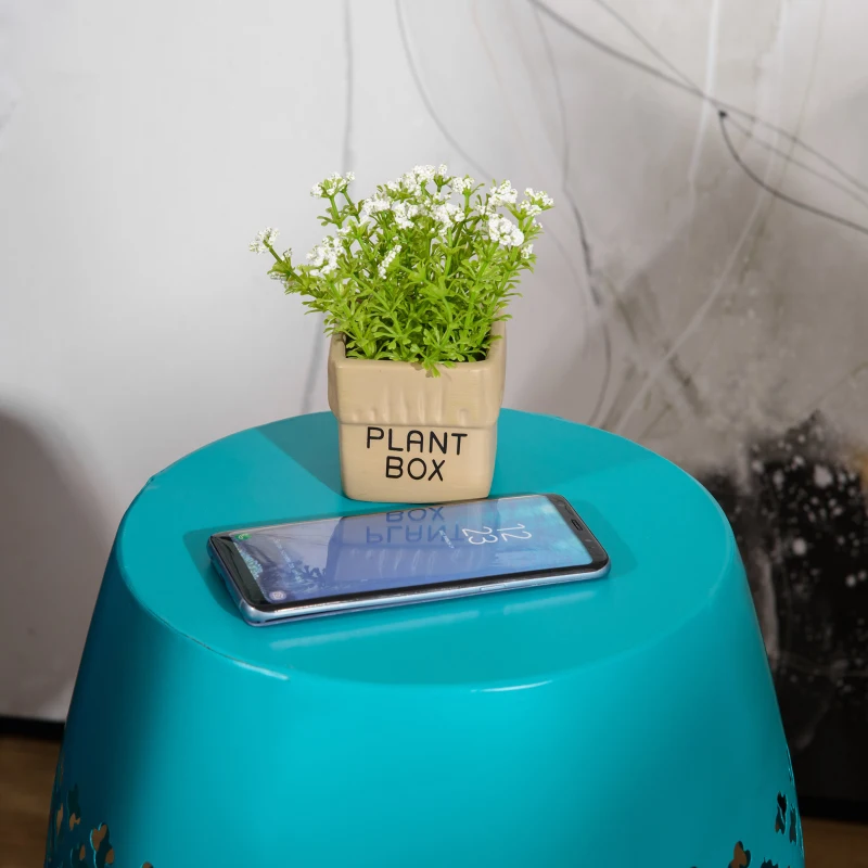 Outsunny 12.5" Steel Patio End Table, Round Hollow Drum Side Table, Accent Table for Indoor and Outdoor, Teal