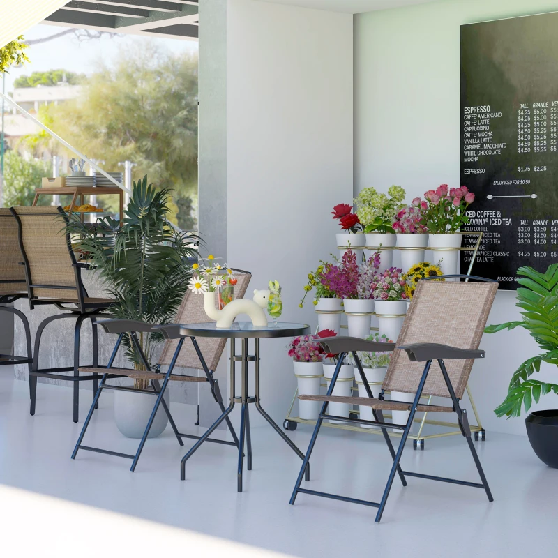 Outsunny Folding Outdoor Bistro Set, Patio Table and Chairs with Reclining Backrest and Round Dining Table, Brown