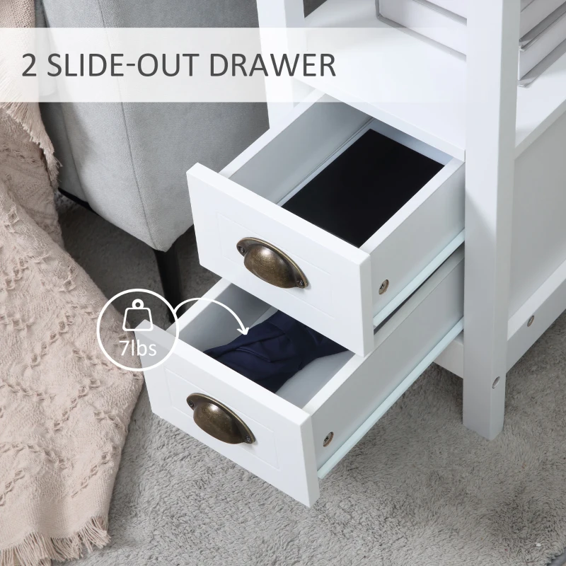 HOMCOM Slim End Table with 2 Drawers and Storage Shelf, Sofa Side Table for Living Room, Narrow Nightstand, White