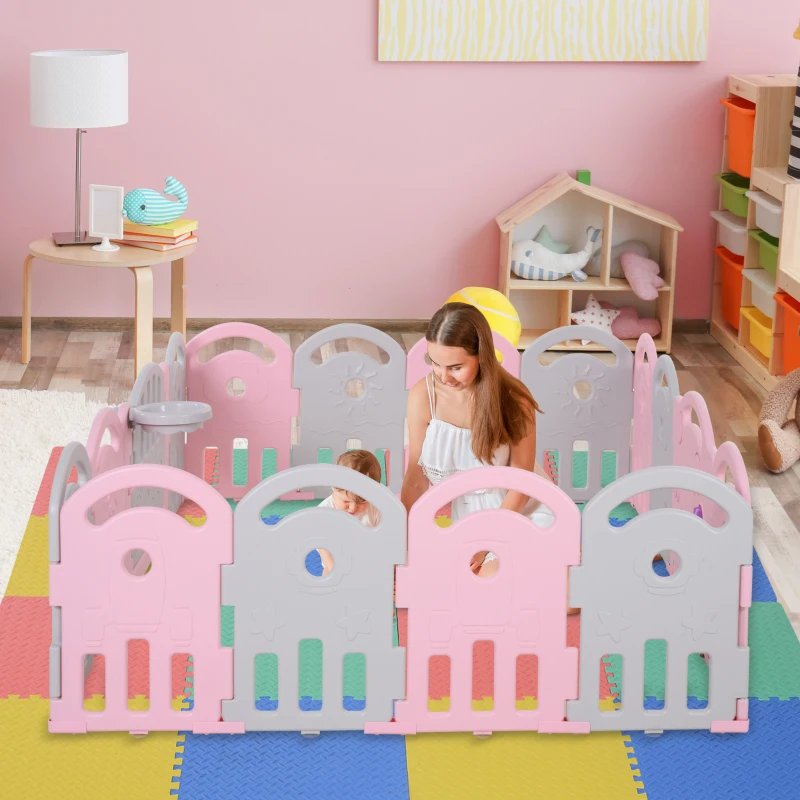 Qaba Baby Enclosure, 16 Panels Baby Playpen Baby Play Yard, Indoor & Outdoor Kids Activity Center, Pink