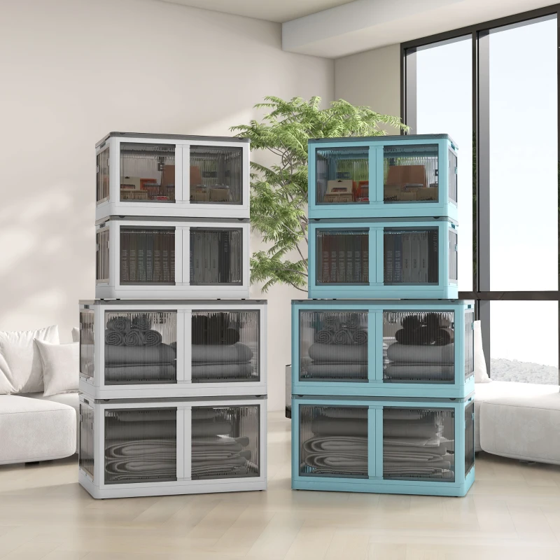 HOMCOM 3 Packs of Collapsible Stackable Storage Bins with Lids, Wheels, 18 Gal, White