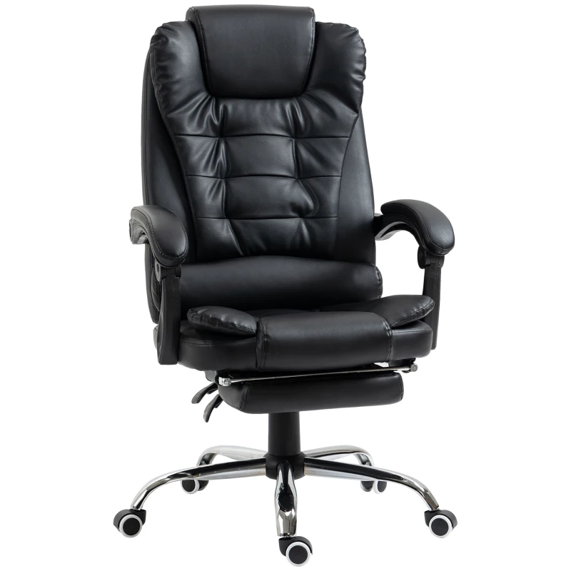 HOMCOM High Back Office Chair PU Leather Executive Office Chair with Retractable Footrest Padded Armrest Black