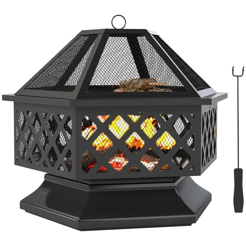 Outsunny 28" Outdoor Fire Pit with Grill Hexagon Fireplace Wood Burning Firepit with Cooking Grate, Fire Poker, Spark Screen Lid