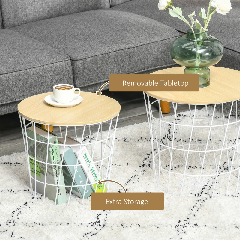 HOMCOM End Tables Set of 2, Nesting Tables with Storage, Round Accent Side Tables with Removable Top, White/ Natural