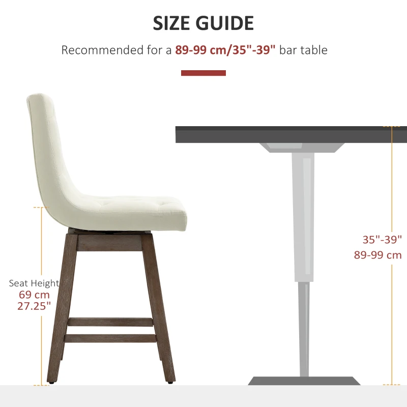 HOMCOM Counter Height Bar Stools, Swivel Bar Chairs, 25.5" High Fabric Tufted Breakfast Barstools for Kitchen, Set of 2, Cream White