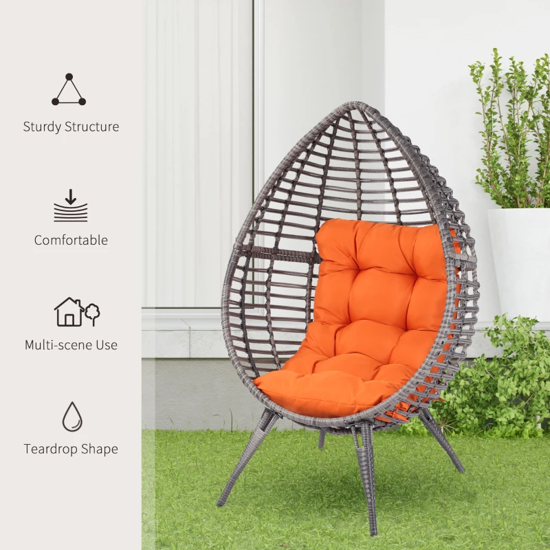 Outsunny Patio Wicker Egg Chair w/ Soft Cushion, Teardrop Cuddle Seat, Outdoor / Indoor Patio Chair, PE Plastic Rattan Furniture with Adjustable Height Feet Pads, Orange