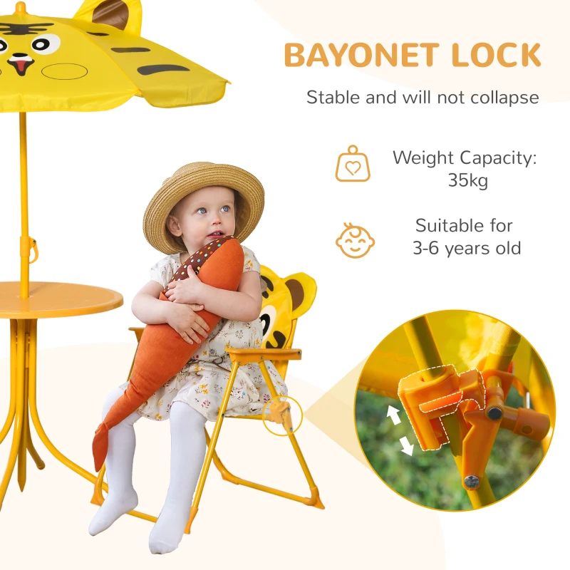 Outsunny Kids Folding Picnic Table and Chair Set Pattern Outdoor Garden Patio Backyard with Removable & Height Adjustable Sun Umbrella Yellow