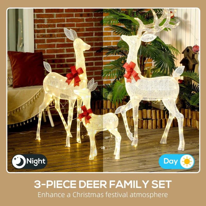 Outsunny Lighted Reindeer Christmas Decorations, 3-Piece Light Up Christmas Deer Family Set with 2 Modes for Outdoor, Silver
