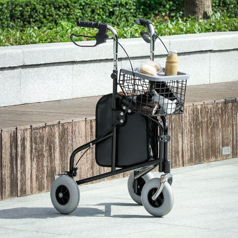 HOMCOM Upright Walker Up Rollator, Rolling Walker with Wheels, Storage Bag, Tray, Adjustable Handle Height, Black