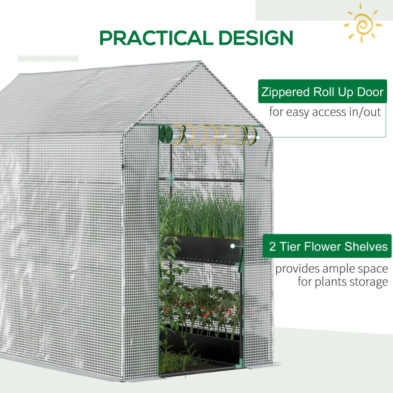 Outsunny 73" x 47" x 75" Walk-in Greenhouse Outdoor Portable Plant Flower Growth Warm House Garden Tunnel Shed with Roll-up Door and 4 Shelves, White