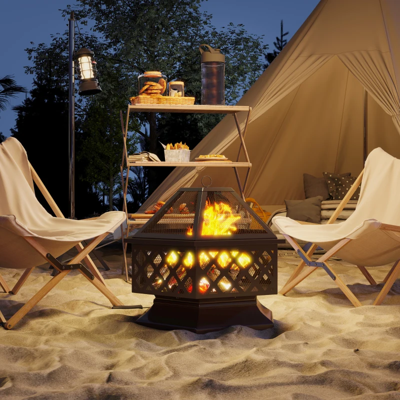 Outsunny 28" Outdoor Fire Pit with Grill Hexagon Fireplace Wood Burning Firepit with Cooking Grate, Fire Poker, Spark Screen Lid