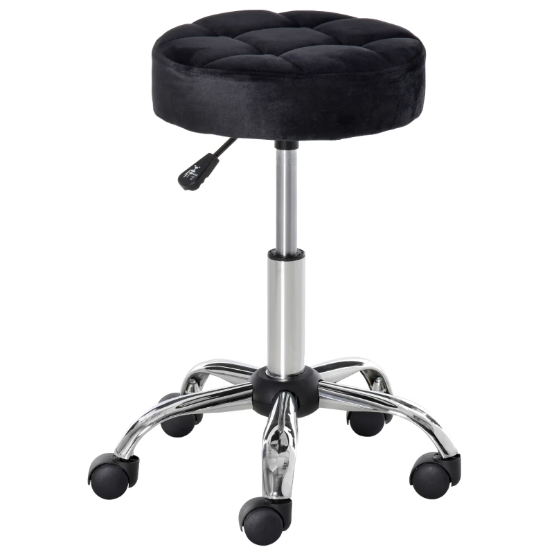 HOMCOM Round Rolling Stool with Height Adjustable Lift, Vanity Chair with Luxury Style Upholstery, Office Chair with Swivel Seat and Wheels for Work Spa Salon, Black