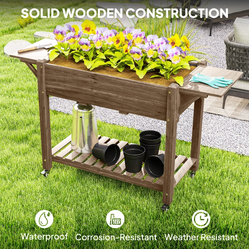 Outsunny Wood Raised Planter Box, Elevated Garden Bed with Lockable Wheels, Side Tables, Bottom Shelf, Drain Holes, Carbonized