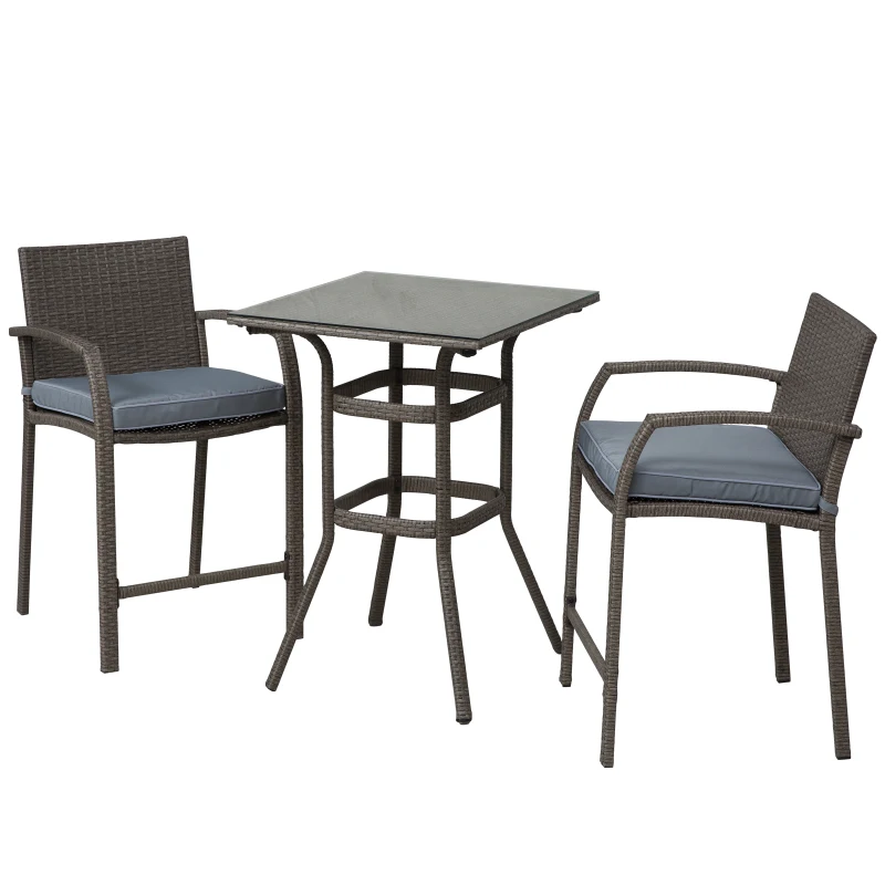 Outsunny 3 Pieces Patio Bar Set Wicker Garden Bistro Set Outdoor Furniture PE Rattan Table and Stools with Seat Cushion, Grey