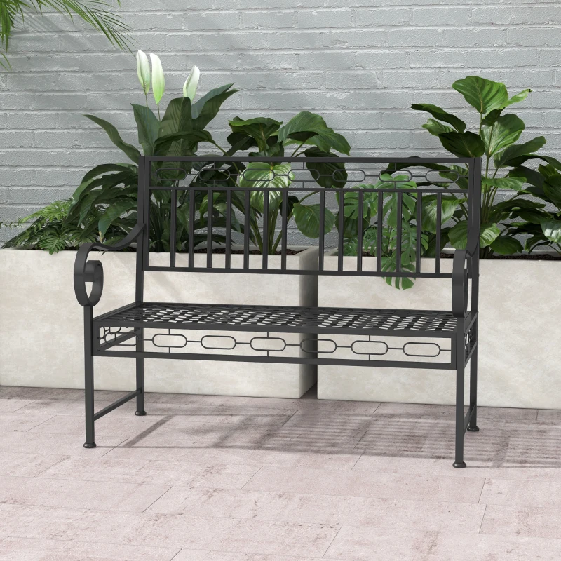 Outsunny 44" Metal Park Bench, 2 Seater Garden Bench with Decorative Backrest and Grid Seat for Patio, Backyard, Lawn, Black