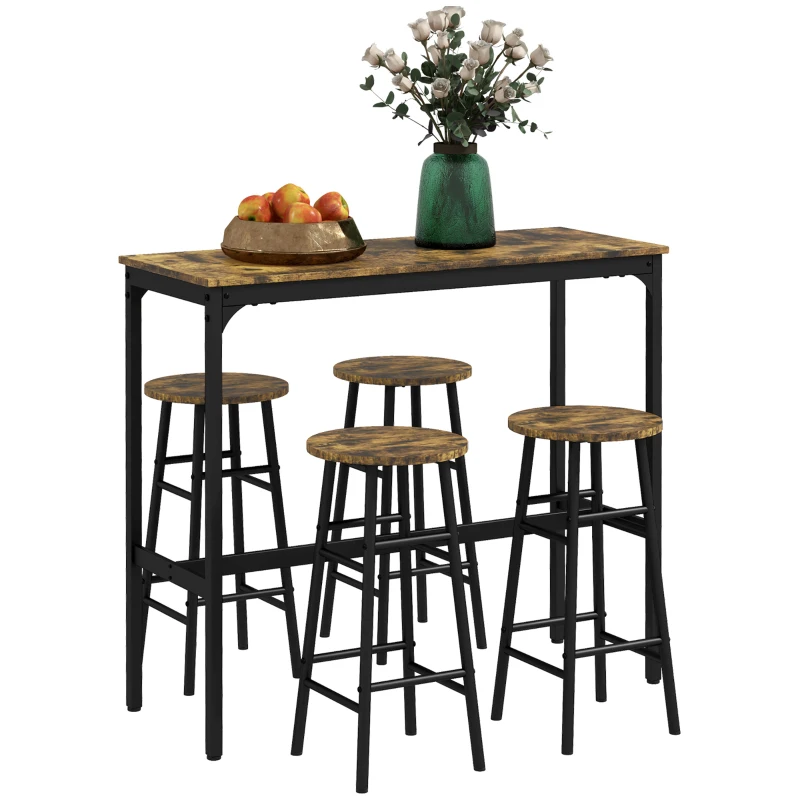 HOMCOM Industrial Bar Height Bar Table and Chairs, Kitchen Table and Chairs Set for 4, 5-Piece Breakfast Table Set